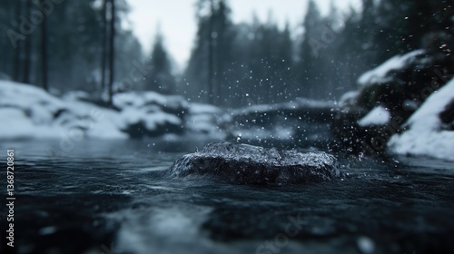 Wallpaper Mural Winter stream splashes on a rock.  Water droplets, snow, and ice-covered rocks in a forest stream Torontodigital.ca