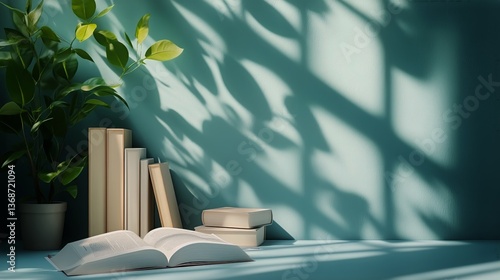 Natural Light Casts Shadows on Open Books Surrounded by Green Leaves in a Pea...