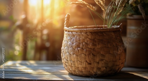 Decorative Woven Basket With Dried Flowers in Sunlight on a Rustic Wooden Table