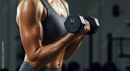 mulher musculosa praticando musculação com halter, biceps, músculos