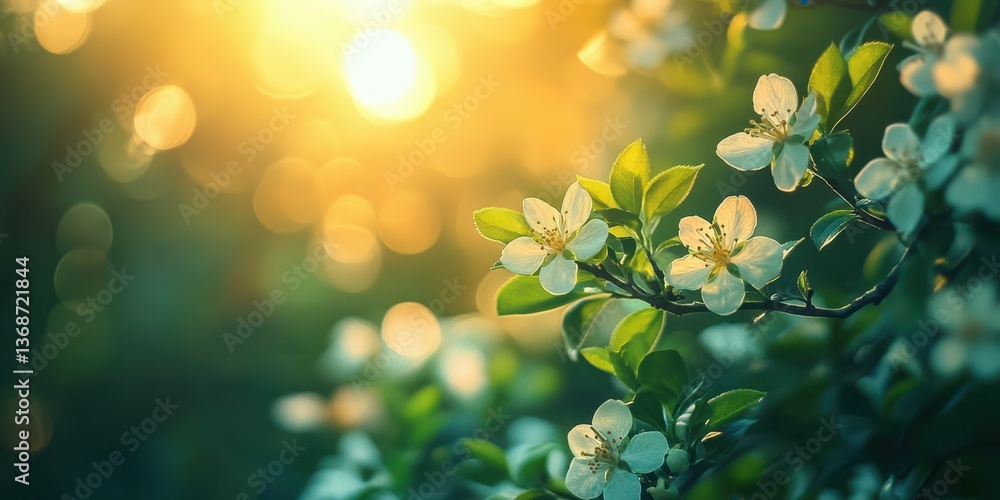 Blossoming flowers bathed in golden sunlight during springtime at a tranquil garden setting Blossoming flowers bathed in golden sunlight during springtime at a tranquil garden setting