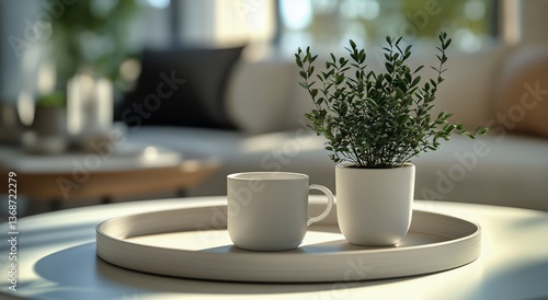 Stylish Coffee Cup and Plant Arrangement on a Table in a Bright Living Room D...