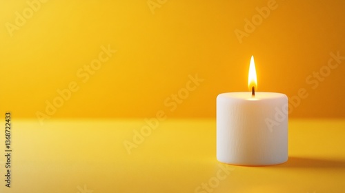 Lit white candle on yellow surface, warmth & soft glow against background