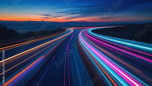 Futuristic Highway at Twilight  Neon Light Trails Symbolizing Speed, Data Flow & Futuristic Transportation