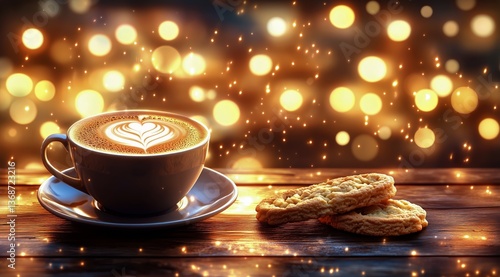 Cozy Coffee Cup With Cookie on a Shimmering Table at Evening