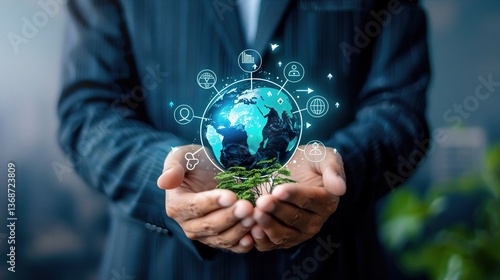 Corporate Social Responsibility (CSR) Concept – Businessman Presenting Sustainability, Ethics & Community Impact Icons for Responsible Business Growth