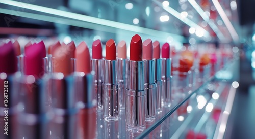 Colorful Display of Lipsticks Arranged Neatly in a Well-Lit Cosmetics Store D...