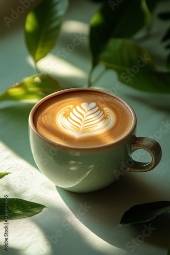 Latte Art in a Green Cup Surrounded by Lush Leaves on a Sunny Morning