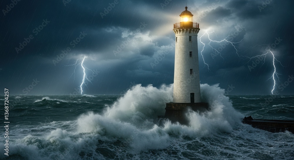 Lighthouse during a dramatic thunderstorm, waves crashing against the rocks, a beacon of hope amidst the chaos. Lighthouse during a dramatic thunderstorm, waves crashing against the rocks, a beacon of hope amidst the chaos.
