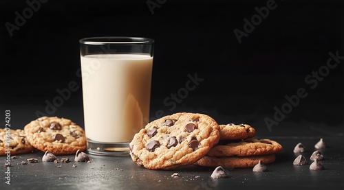 Delicious Chocolate Chip Cookies Stacked With a Glass of Milk on a Rustic Woo...