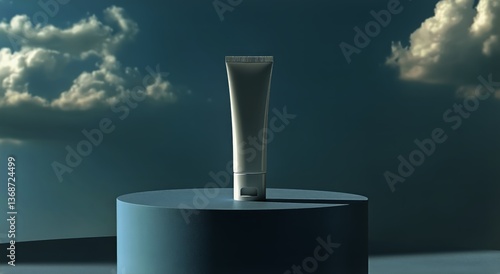 Sleek Skincare Tube Displayed on a Modern Pedestal in an Artistic Light Setting