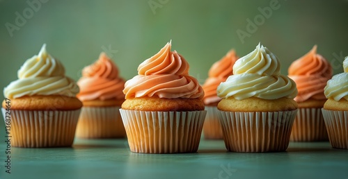 Colorful Cupcakes Decorated With Frosting Arranged Neatly for a Tasty Dessert...