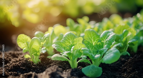 Fresh Green Lettuce Seedlings Growing in Soil During a Sunny Afternoon in a G...