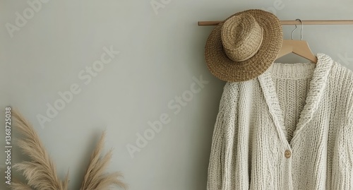 Cozy Oversized Sweater and Straw Hat on Display in a Minimalist Interior Setting