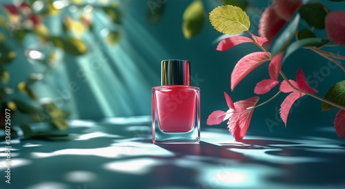 Vibrant Pink Nail Polish Bottle Against a Blurred Natural Background in Brigh...