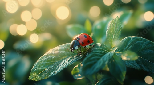 Ladybug Resting on Green Grass Under Golden Sunlight in a Serene Outdoor Setting