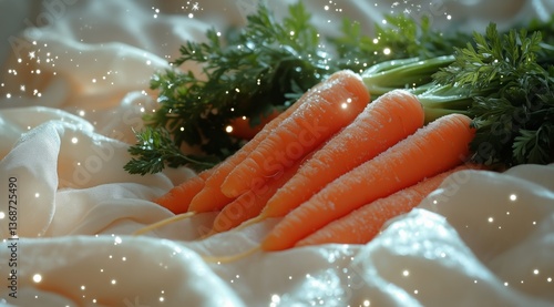 Freshly Harvested Carrots With Green Tops Presented on Soft Fabric Surrounded...