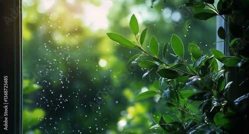 Rain Falling Gently on Green Leaves Outside a Window During a Quiet Afternoon