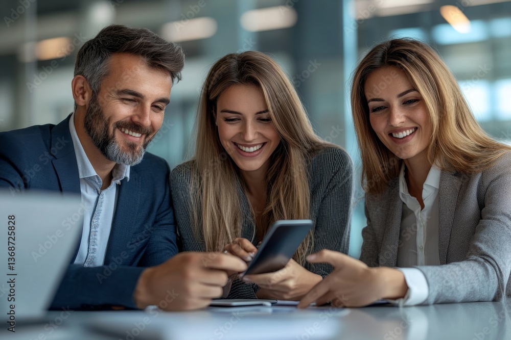 smiling business team looking at the smartphone screen smiling business team looking at the smartphone screen