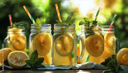 Refreshing Lemon Mint Drinks in Mason Jars on a Sunny Afternoon Outdoors
