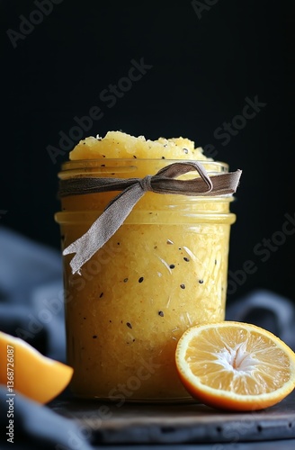 Bright Orange Sorbet in Jar With Fresh Oranges and Decorative Ribbon on a Dar...