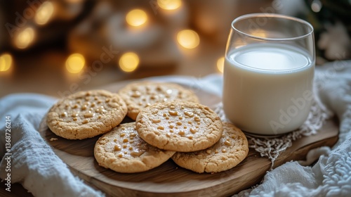 Delicious Cookies and Milk on a Cozy Wooden Board With Warm Lights in the Bac...
