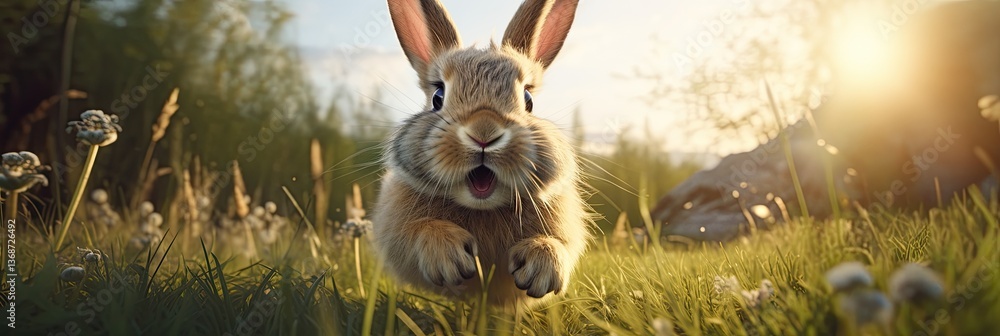 Obraz premium bunny runs along lawn against the backdrop of a sunny lawn,