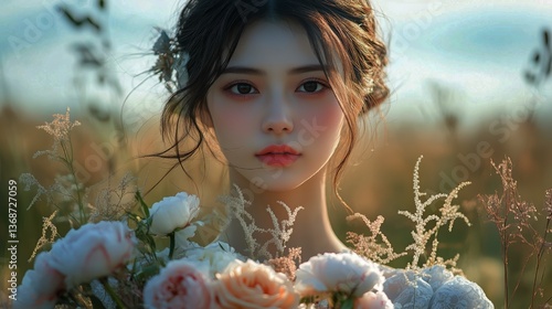 Young Woman Holding Flowers in a Sunlit Field During Golden Hour