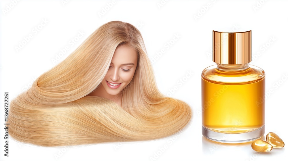 Naklejka premium Smiling caucasian young female with long blonde hair and hair oil bottle