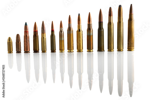 Military cartridges isolated on white background close-up. Full depth of field.