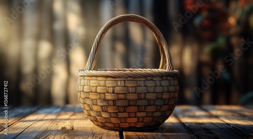 Decorative Woven Basket With Dried Flowers in Sunlight on a Rustic Wooden Table