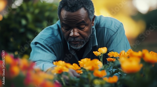 Elderly Man Tending to Vibrant Flowers in a Garden on a Sunny Afternoon