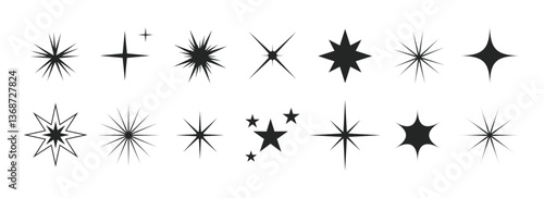 Retro futuristic sparkle icons set. Abstract glowing star shapes collection. Shiny burst symbols for logos, banners, posters, business cards, and digital designs.