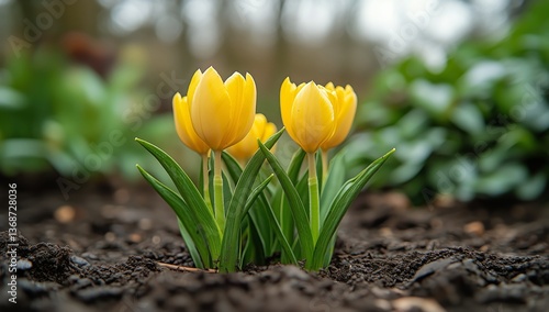 Bright Yellow Tulips Blooming in a Garden During Springtime With Lush Greener...