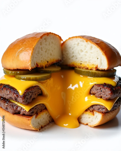 4K ultra-HD close-up of a Juicy Lucy burger on white background, showcasing molten cheese oozing from the center of a perfectly grilled beef patty with a golden-brown crust.