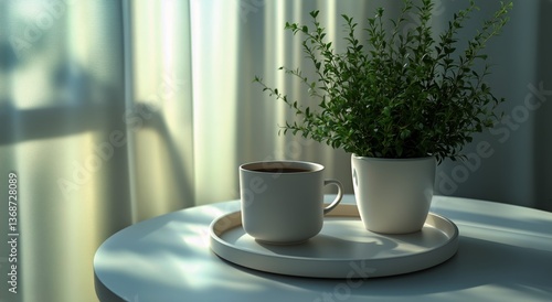 Stylish Coffee Cup and Plant Arrangement on a Table in a Bright Living Room D...