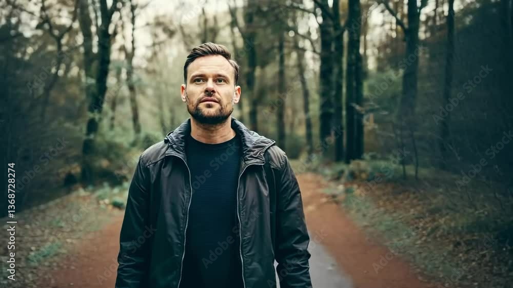 Man walking thoughtfully through a serene forest trail in autumn Man walking thoughtfully through a serene forest trail in autumn