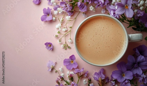 Warm Coffee Cup Surrounded by Purple Flowers on Pink Background