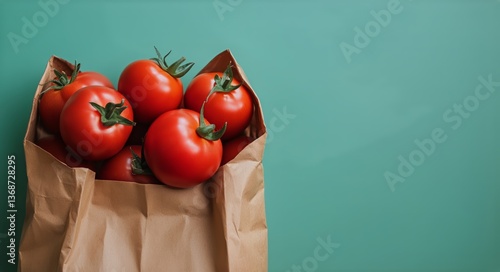 Fresh Red Tomatoes in a Paper Bag on a Light Blue Background for Cooking or M...