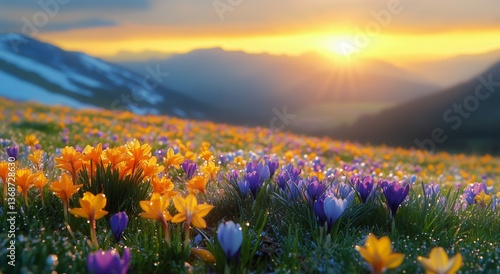 Colorful Spring Flowers Bloom in the Mountains During Sunrise With Dew Gliste...