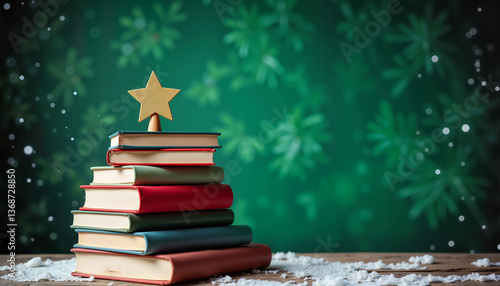 Colorful book pyramid with gold star against green background, charity concept