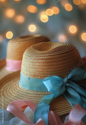 Colorful Straw Hats With Bows Displayed Against a Blurred Background of Glowi...