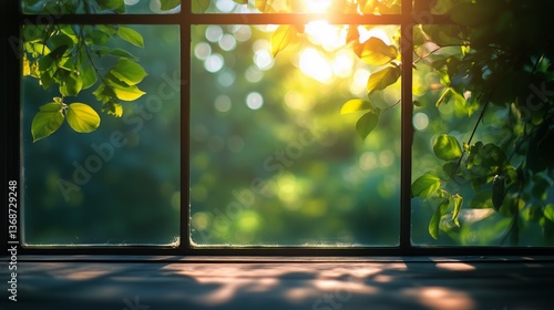 Sunlight Streaming Through a Window Surrounded by Lush Green Leaves During a ...