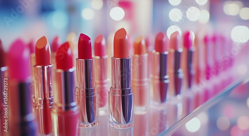 Colorful Display of Lipsticks Arranged Neatly in a Well-Lit Cosmetics Store D...