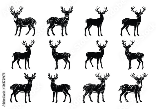 Graphic black silhouettes of wild deers – male, female and roe deer