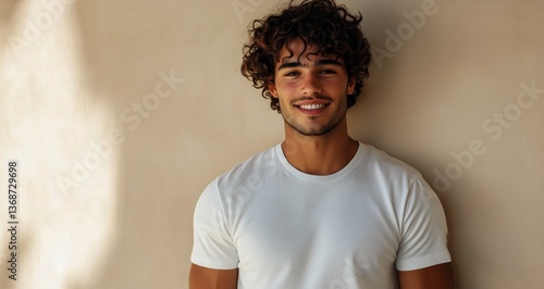 Smiling Young Man With Curly Hair Standing Against a Beige Wall in Casual Whi...