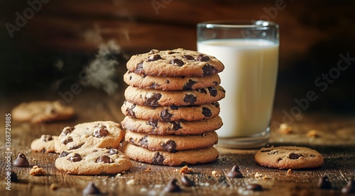 Delicious Chocolate Chip Cookies Stacked With a Glass of Milk on a Rustic Woo...