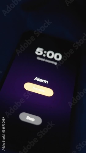 Vertical video. Alarm Starts Ringing at 5 AM as Woman Reaches Toward Smartphone in Darkness to Turn It Off, Screen Illuminated, Close-Up Low Angle, Predawn Wake-Up Concept
