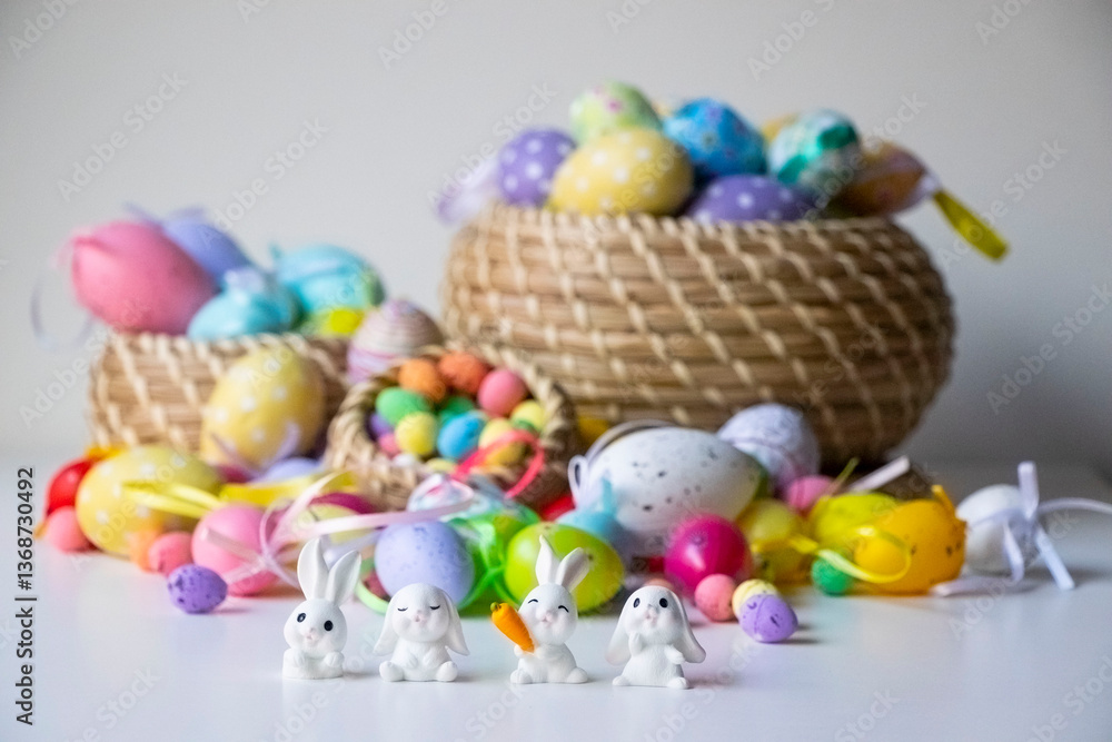 Four white Easter bunnies in the foreground, their ears up and down, smiling. Very cute. In the background, many colorful Easter eggs in wicker baskets. Four white Easter bunnies in the foreground, their ears up and down, smiling. Very cute. In the background, many colorful Easter eggs in wicker baskets.