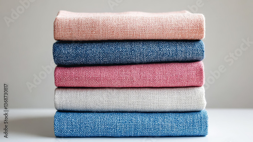 Stack of colorful fabric with a white one in the middle. The colors are blue, pink, and white